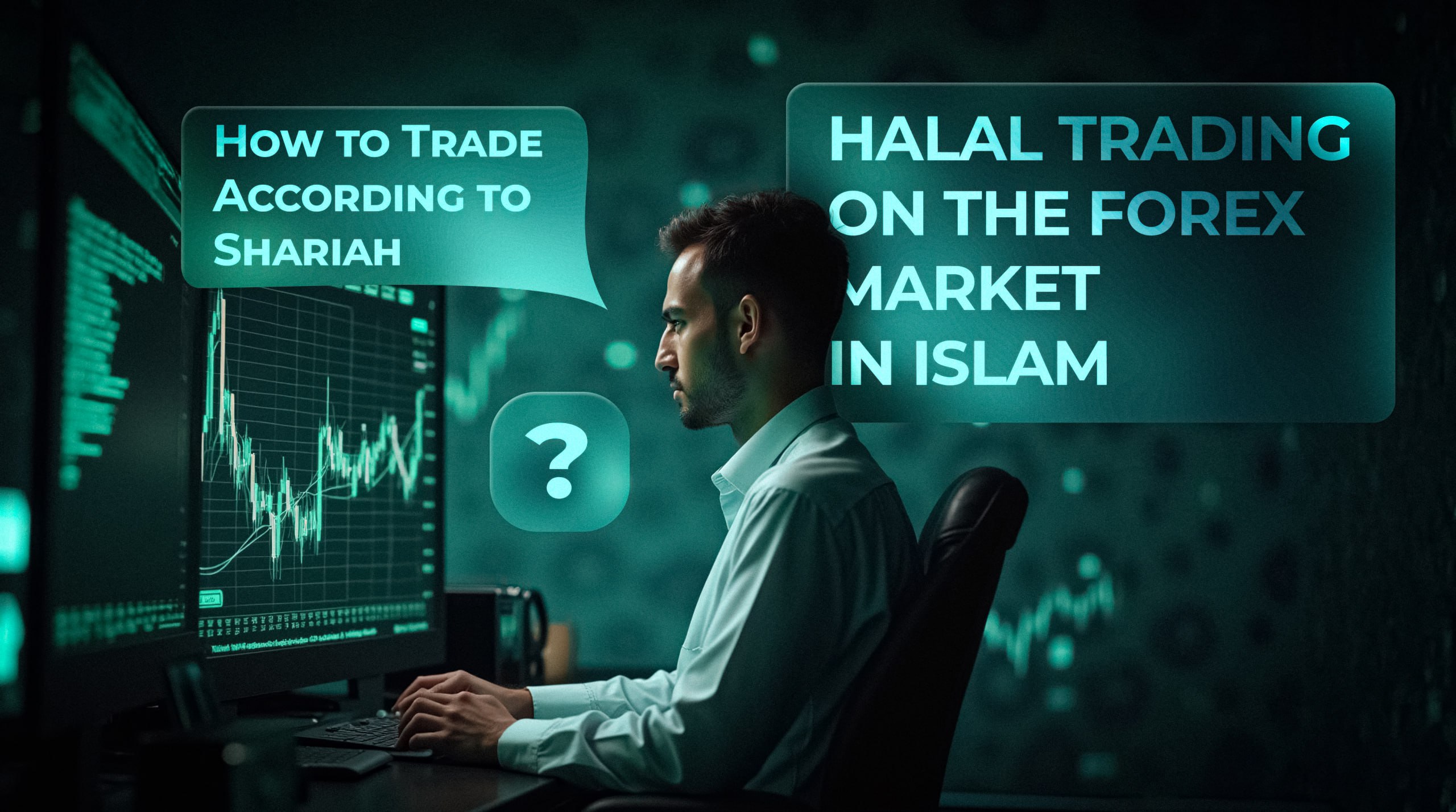 Muslim trader at a computer displaying currency charts with Islamic patterns in the background