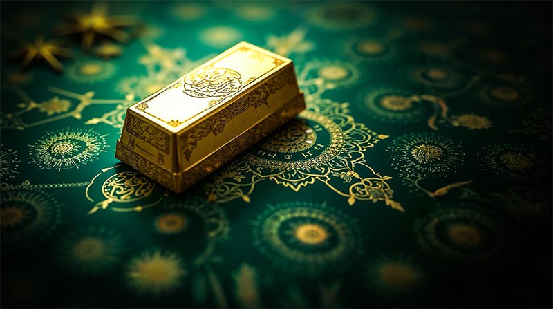 Gold coins and bars with Islamic patterns representing gold investment in Islamic finance