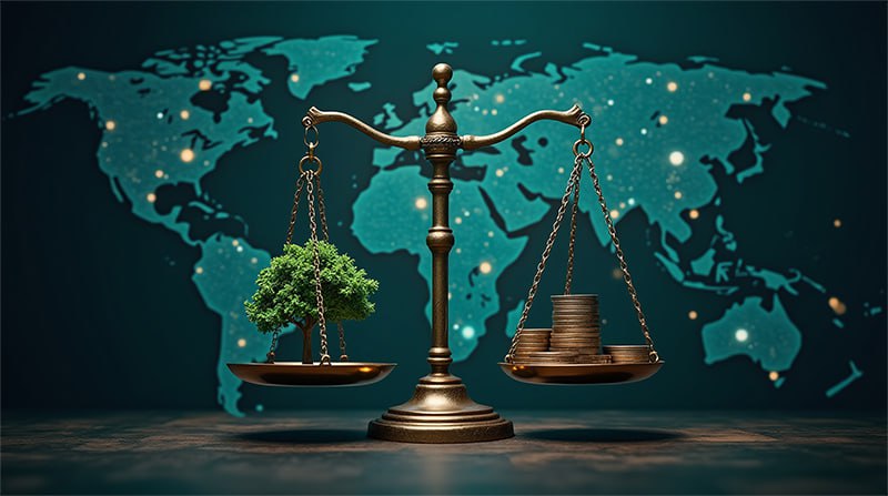 Balance scale with Islamic finance symbols on one side and conventional banking symbols on the other