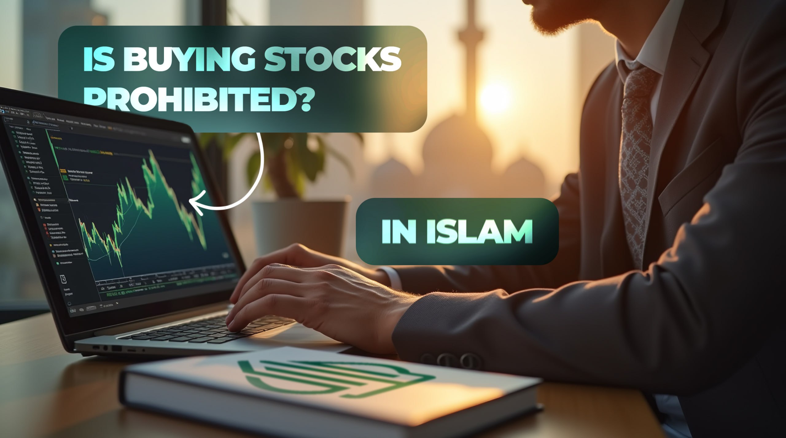 Muslim investor looking at stock market charts against Islamic patterns