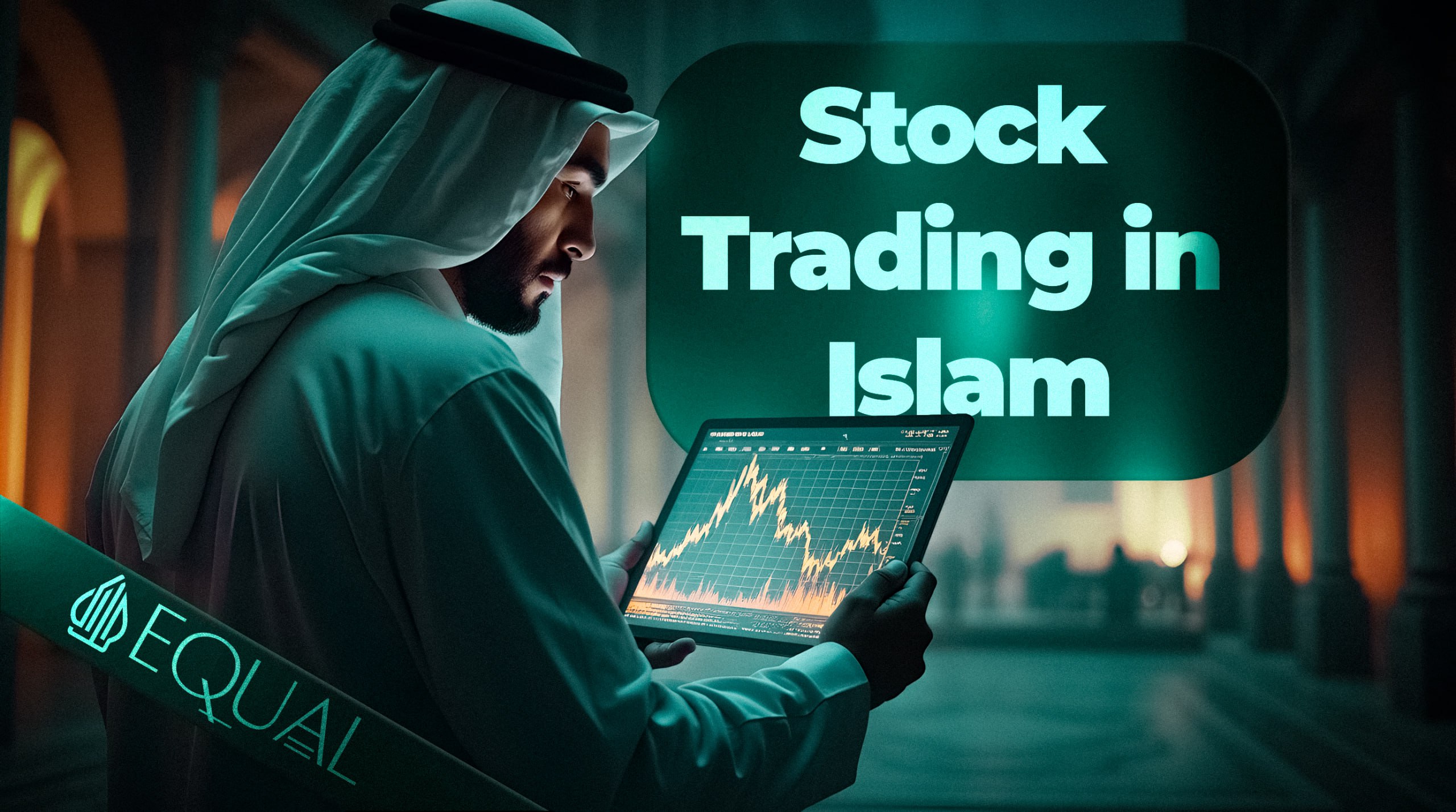 Muslim trader analyzing stock charts with Islamic patterns in the background