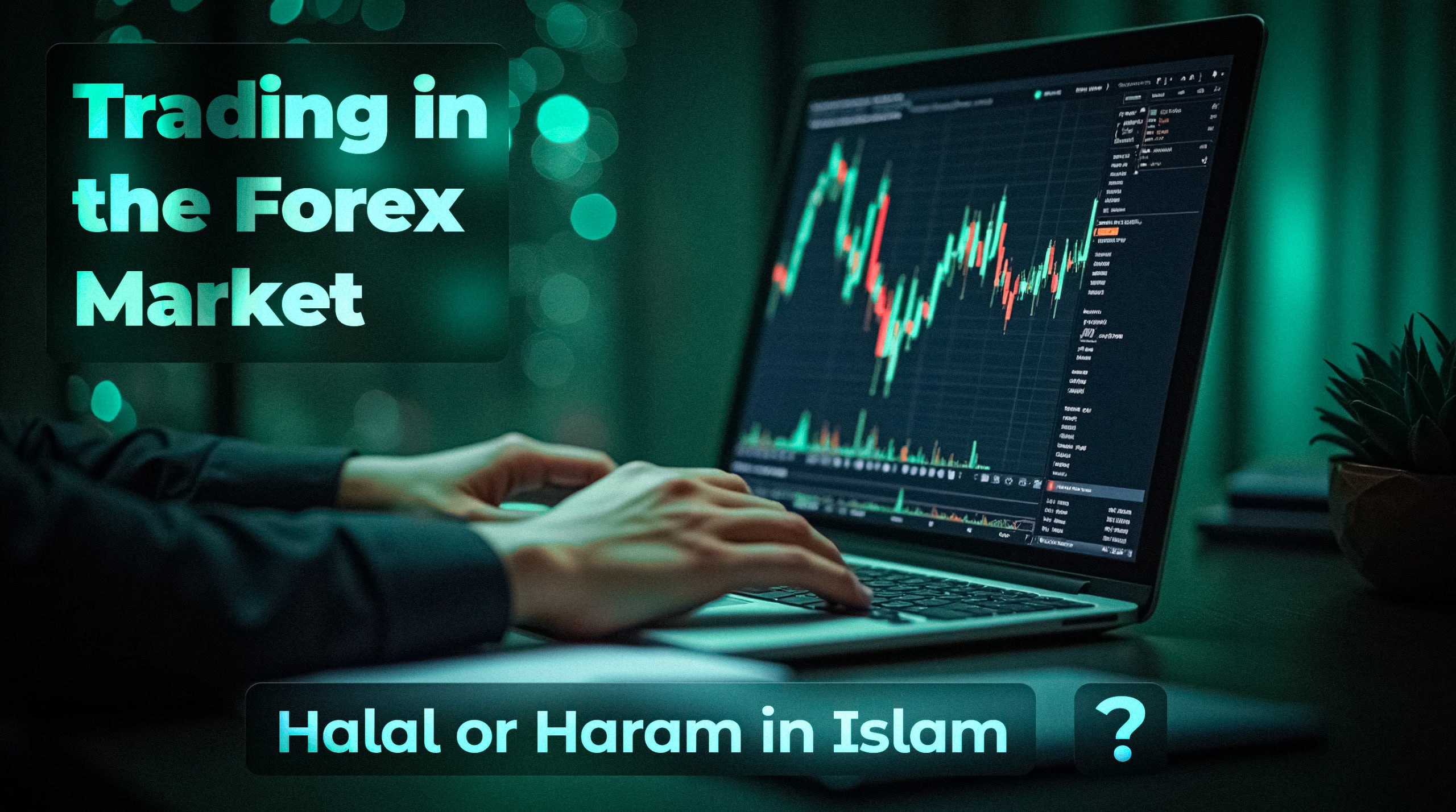 Muslim trader at a computer displaying currency charts with Islamic patterns in the background