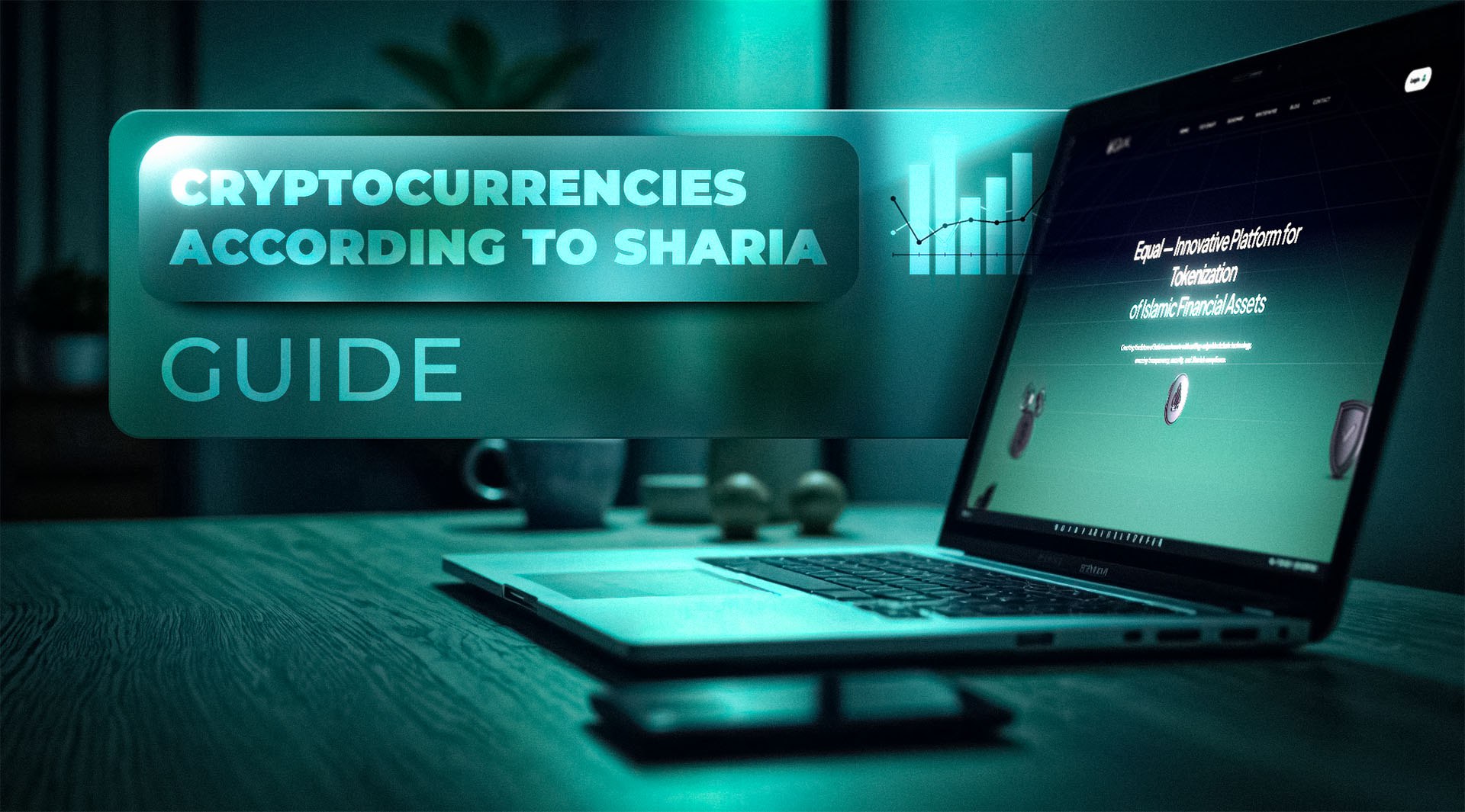 A Muslim investor analyzing cryptocurrency charts against an Islamic pattern background