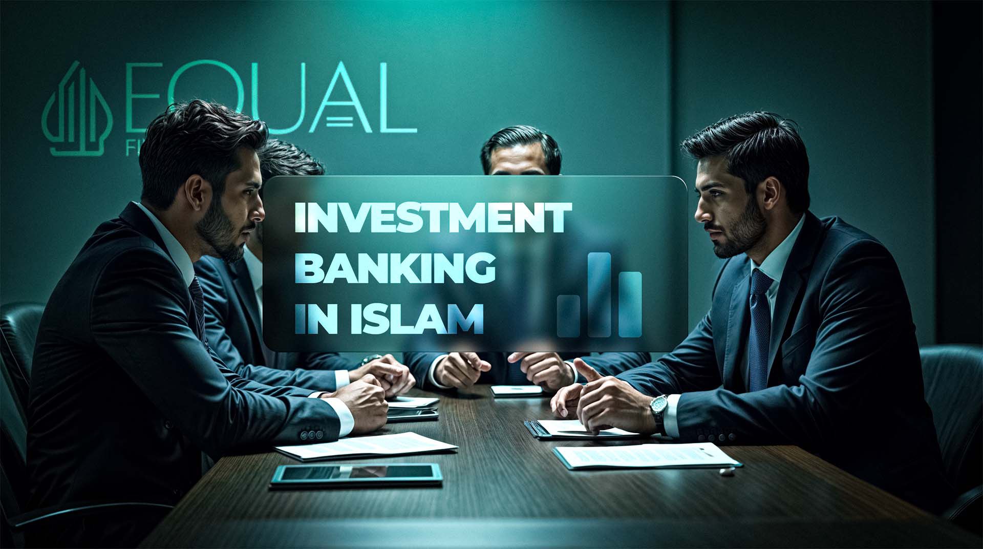 Muslim businessmen discussing a project against a backdrop of financial charts